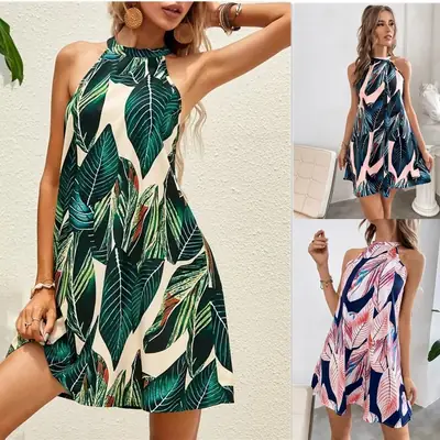 2024 Summer Leaf Print Halter Dress for Women