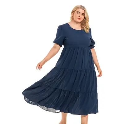 Plus Size Fat Body Dress Navy Blue Round Neck Short Sleeve