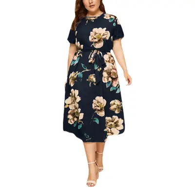 Women's Large Size Floral Midi Dress Red Blue Print