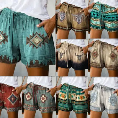 Women's Red Patterned High Waist Casual Shorts 2022
