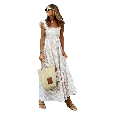 Women's Red Checkered Collar Dress with Elastic Swing
