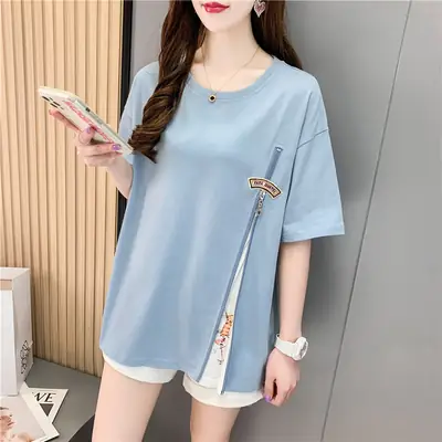 Women Summer Asymmetrical Zipper T-Shirt Light Blue Large
