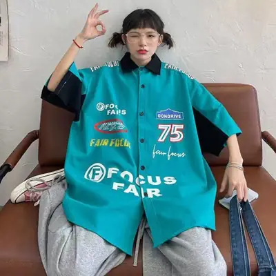 Women Printed Racing Shirt Blue Gray Pants Summer Wear