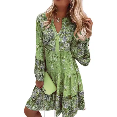 Pink Floral Plus Size V Neck Bell Sleeve Dress
