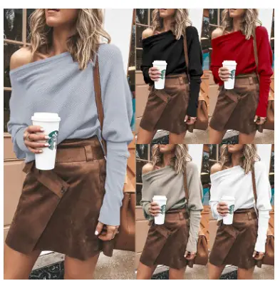 Women One-Off-Shoulder Raglan Sleeve Sweater Short Pants Set