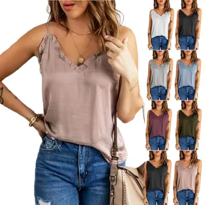 Women Ruffled Camisole Top Grey Chiffon Summer Top