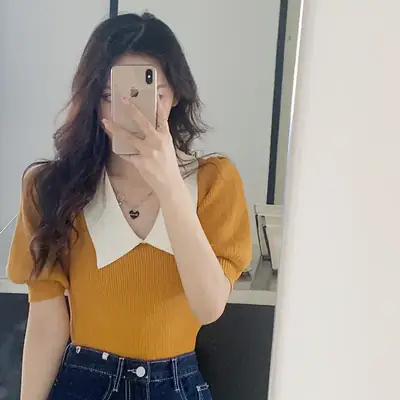 French Style White Black Polo Collar Top Women Summer Wear