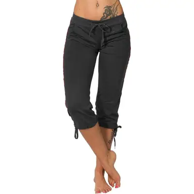 Women's Turquoise Drawstring Leggings Cropped Mid Waist