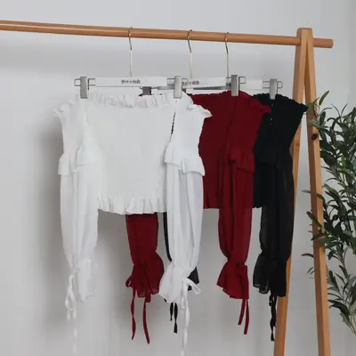Off-shoulder Chiffon Shirt with Lace-Up Ties