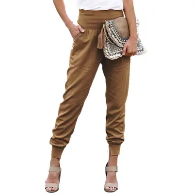 Women's Brown Elastic Waist Cropped Pants with Split Pattern