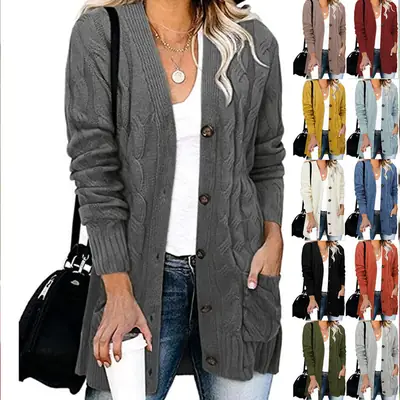 Women's Grey Knit Cardigan with Loose Flap Pocket Pants