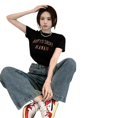 Women Black Letter T-Shirt Summer 2025 Hot Girl Style