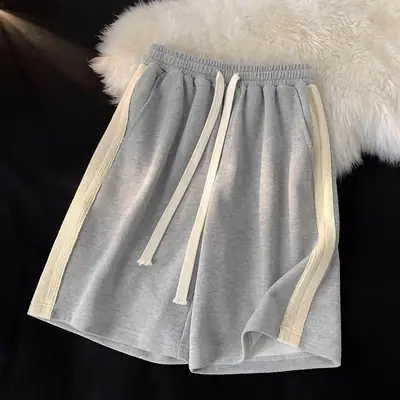 Women Drawstring Shorts Grey Black Wide Leg Summer