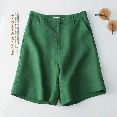 Women Cotton Linen Wide Leg Shorts Medium White