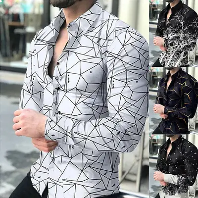 Men 3D Printed Geometric Shirt Black Long Sleeve Button