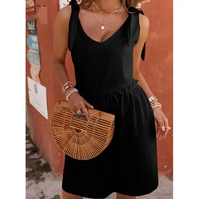 Black Sleeveless V Neck Summer Dress for Women