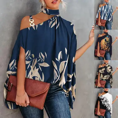 Women's Navy Printed Neck Sleeve Shirt with Shoulder Cut
