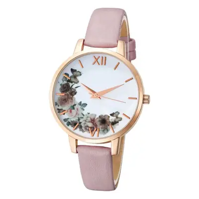 Women's Spring Flower Quartz Watch Pink Leather Band