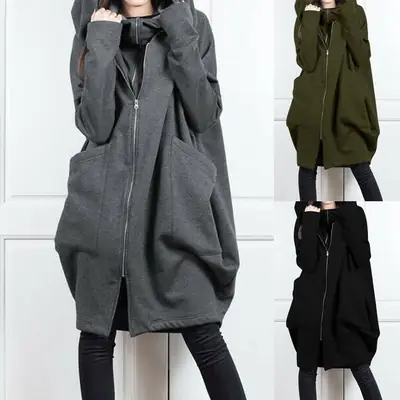 Women Hooded Zipper Long Coat Grey Loose Fit