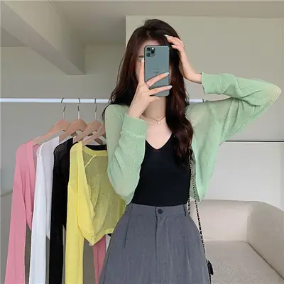 Women Long-Sleeved Knitted Sun Protection Shawl Pink Black