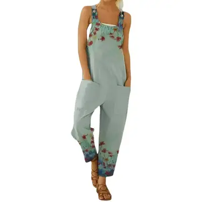 2023 Cross-border Amazon Independent Station New Women's Retro Abstract Printed Women's Strap Jumpsuit