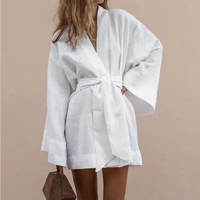 Women's 2022 Loose Cotton Linen Cardigan Dress Olive Green