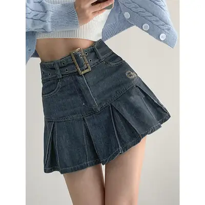 Hot Girl Denim Pleated Skirt High Waist 2025
