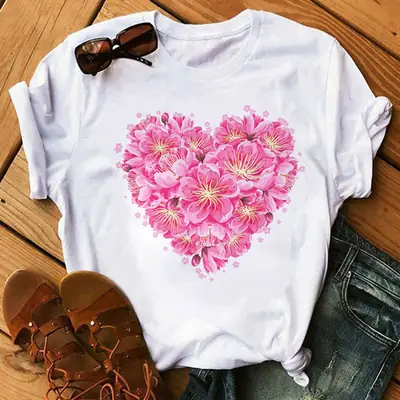 Women Blue Heart Floral Print T-Shirt Short Sleeve