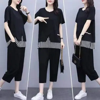 Women Black Striped Two-Piece Loose Pants Set Large