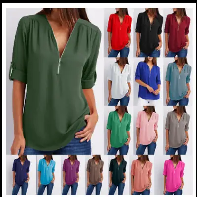 Pink V-Neck Zipper Chiffon Shirt Large Women