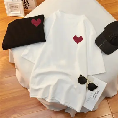 Women Black Heart Print Short Sleeve T-Shirt Mid Length 2024