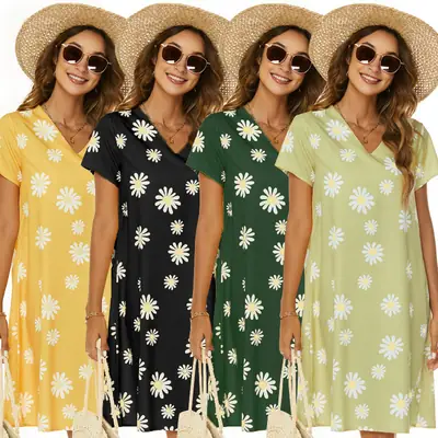 Women V-neck Dress Yellow Chrysanthemum Short Sleeve Casual A-Line