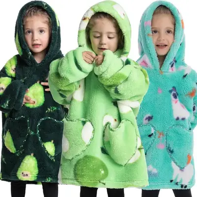 Kids Hooded Warm Blanket Pullover Blue Fox Design