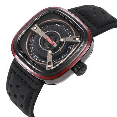 Men's Square Watch with Red Strap & Gold Dial