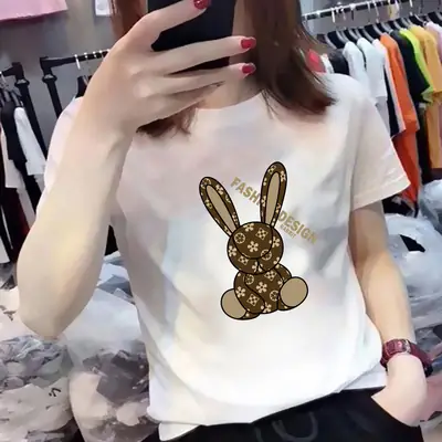 Women White Bunny Print T-Shirt Loose Sleeve Summer Casual