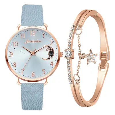 Women's Rose Gold Bracelet Watch Set with Moon Pattern & Digital Dial