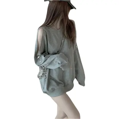 Women Cotton Off-Shoulder Sweatshirt Spring Fall Thin Loose