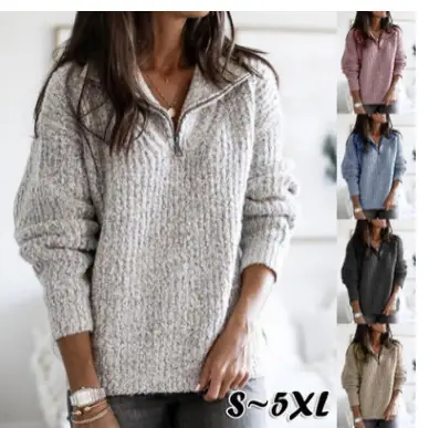 Women Knit Zipper Pullover Sweater Jacket Grey