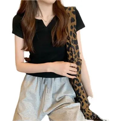 Women's Small V-Neck Short T-Shirt Pink White