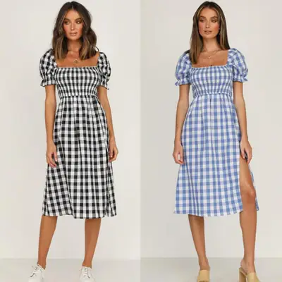 Blue Checkered Split Square Collar Dress for Women