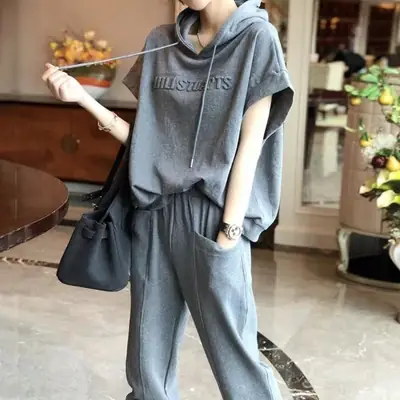 Women Crossbody Hooded Sweatpants Set Grey 2023