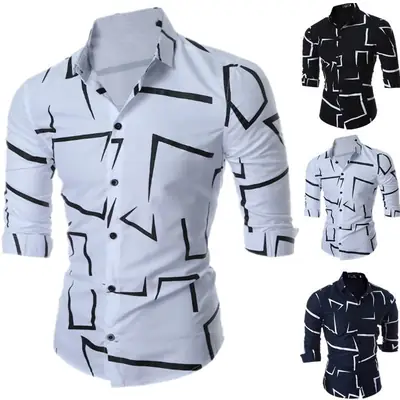 Men's Black Geometric Slim Fit Long Sleeve Shirt