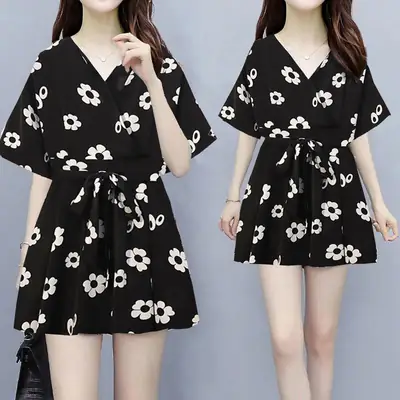 Black Banana Print Belted Skirt Suit for Women