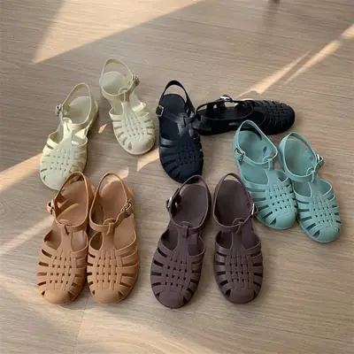 Women's New Roman Sandals Soft Jelly Flat Heel Baotou Plaid