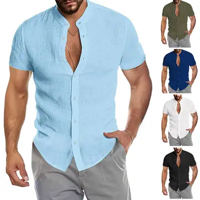 Men's White Cross-Border Short Sleeve Button Shirt