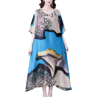Large Size Printed Dress Women Summer New Round Neck Mother Dress