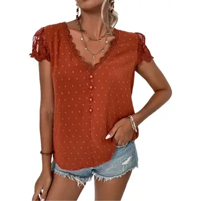 Women's Light Blue Lace V Neck Shirt with Button Front