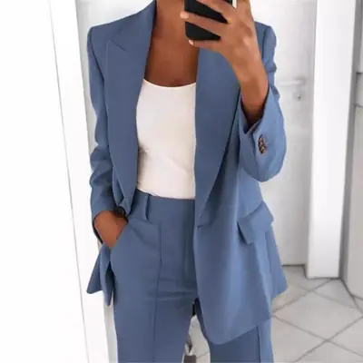 Blue Slim Fit Women's Suit Coat Set with Lapels