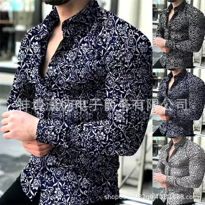 Men's Floral Pattern Long Sleeve Shirt Black White