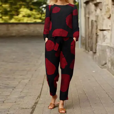 Women's 2022 Printed Cotton Top & Pants Set Gray Black